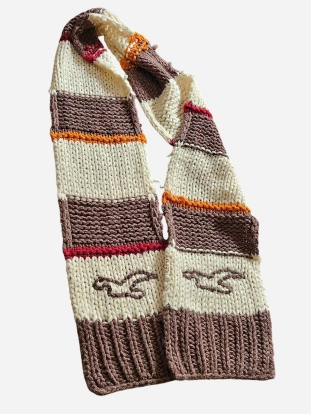Hollister Logo Chunky Knit Lambs Wool Horrizontal Striped Scarf
